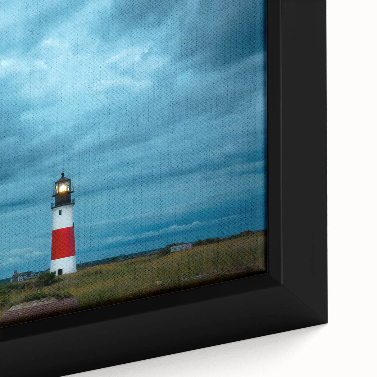 Black wall art featuring a textured depiction of Nantucket, Massachusetts, in colorful art style on a large framed canvas.
