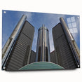Acrylic print of a large abstract depiction of Detroit skyline in muted gray and blue, ideal for dining room art.