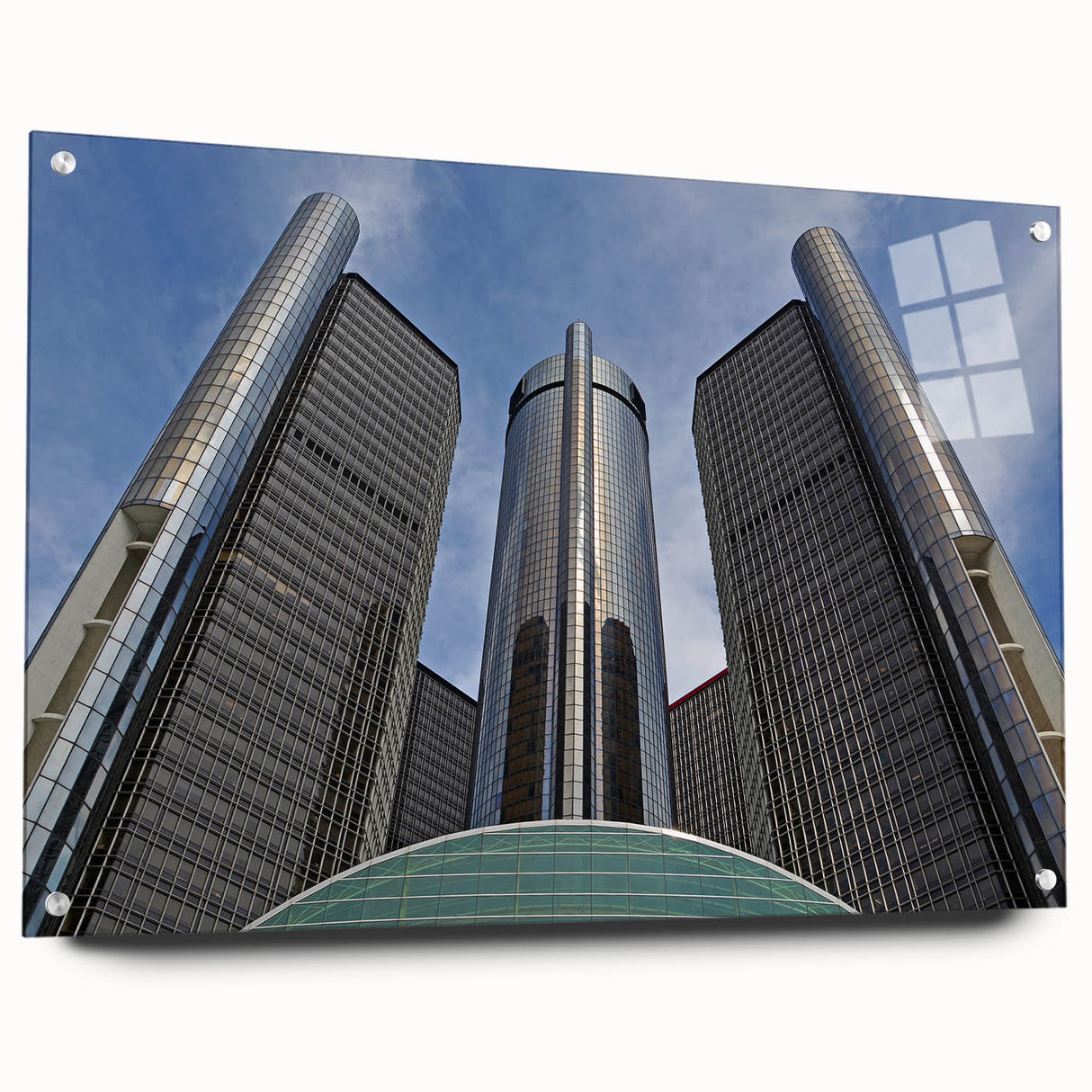 Acrylic print of a large abstract depiction of Detroit skyline in muted gray and blue, ideal for dining room art.