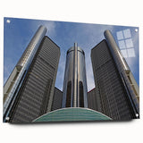 Acrylic print of a large abstract depiction of Detroit skyline in muted gray and blue, ideal for dining room art.
