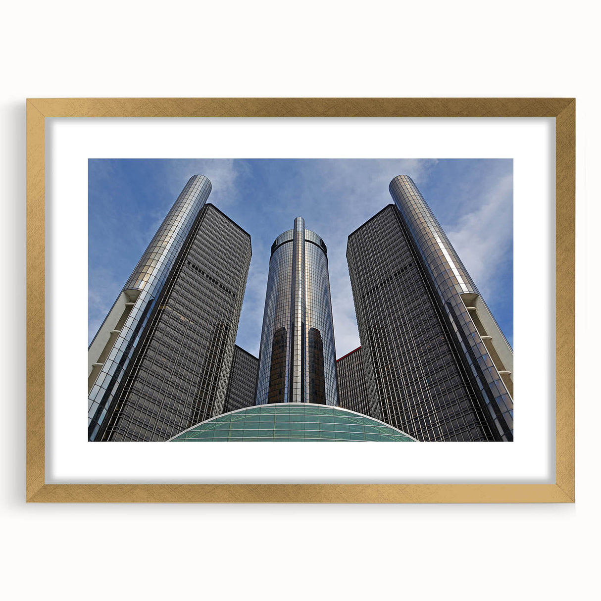 Extra large abstract art print of Detroit skyline in muted gray tones on a gold-framed canvas.