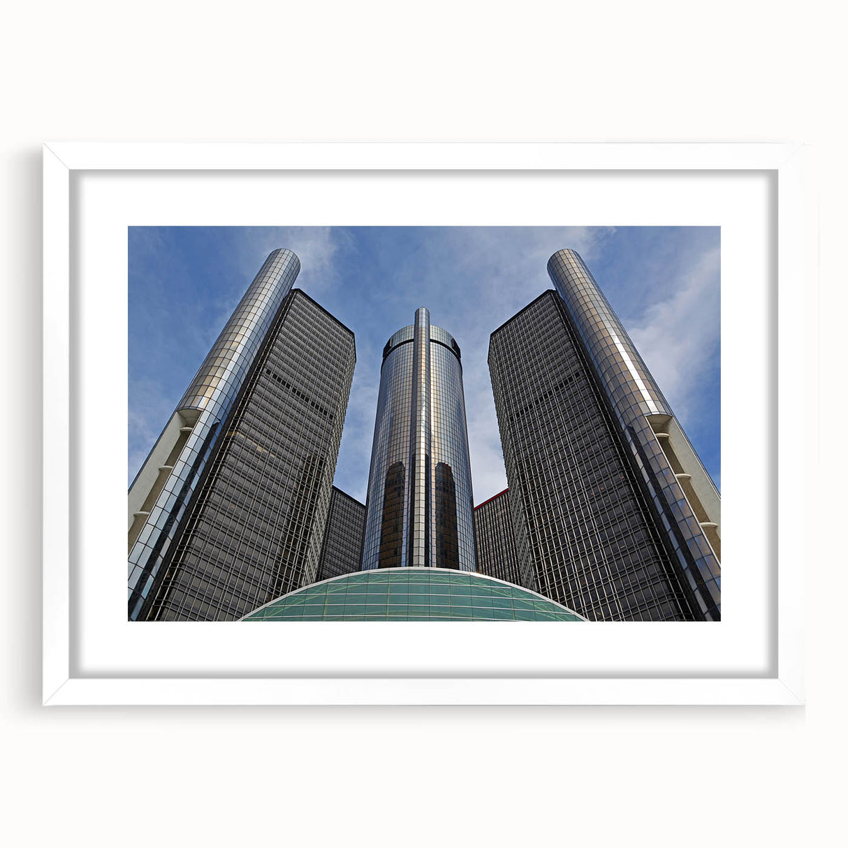 Abstract art print of Detroit skyline in muted gray and blue tones on a framed white mat, ideal for dining room decor.