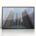 Large abstract wall art depicting Detroit skyline in muted gray and blue tones, framed in black acrylic.