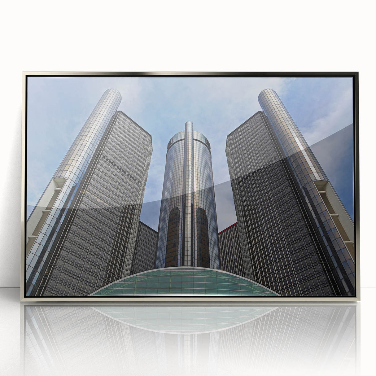 Mid-century modernist art of Detroit skyline in muted metallic tones on framed acrylic, suitable for nursery wall art.