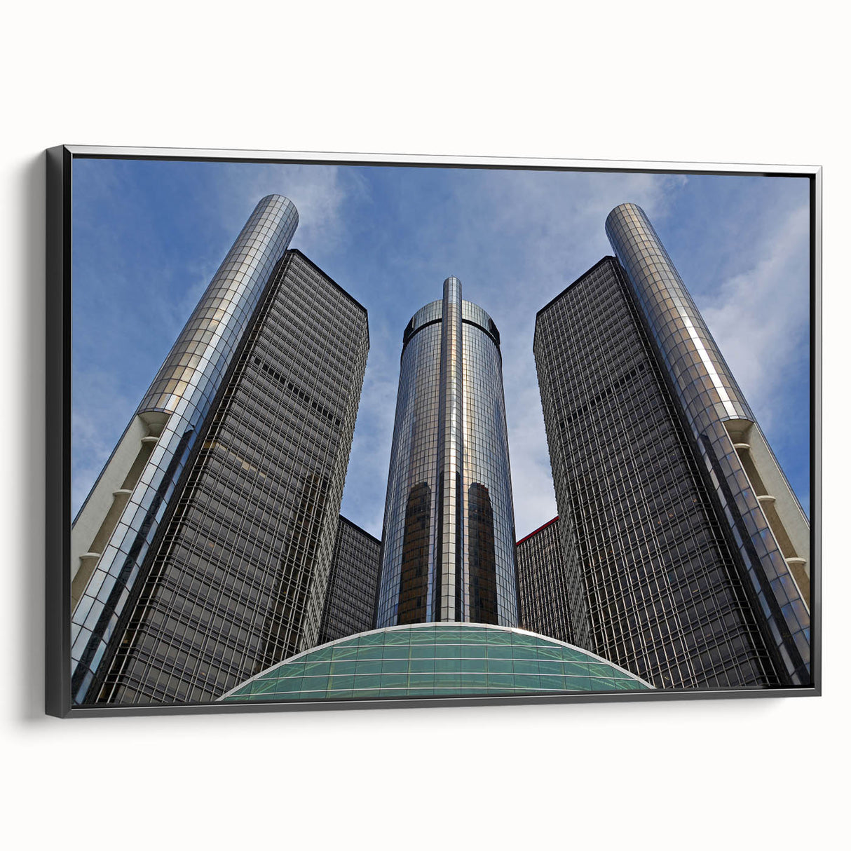 Black and white framed canvas of Detroit landscape, vintage poster style, ideal for bedroom wall art.