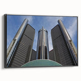 Black and white framed canvas of Detroit landscape, vintage poster style, ideal for bedroom wall art.