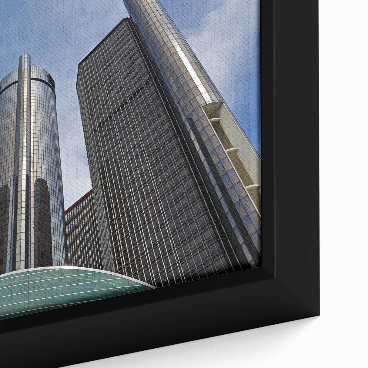 Framed canvas depicting a textured, colorful Detroit skyline on a black background, ideal for living room decor.