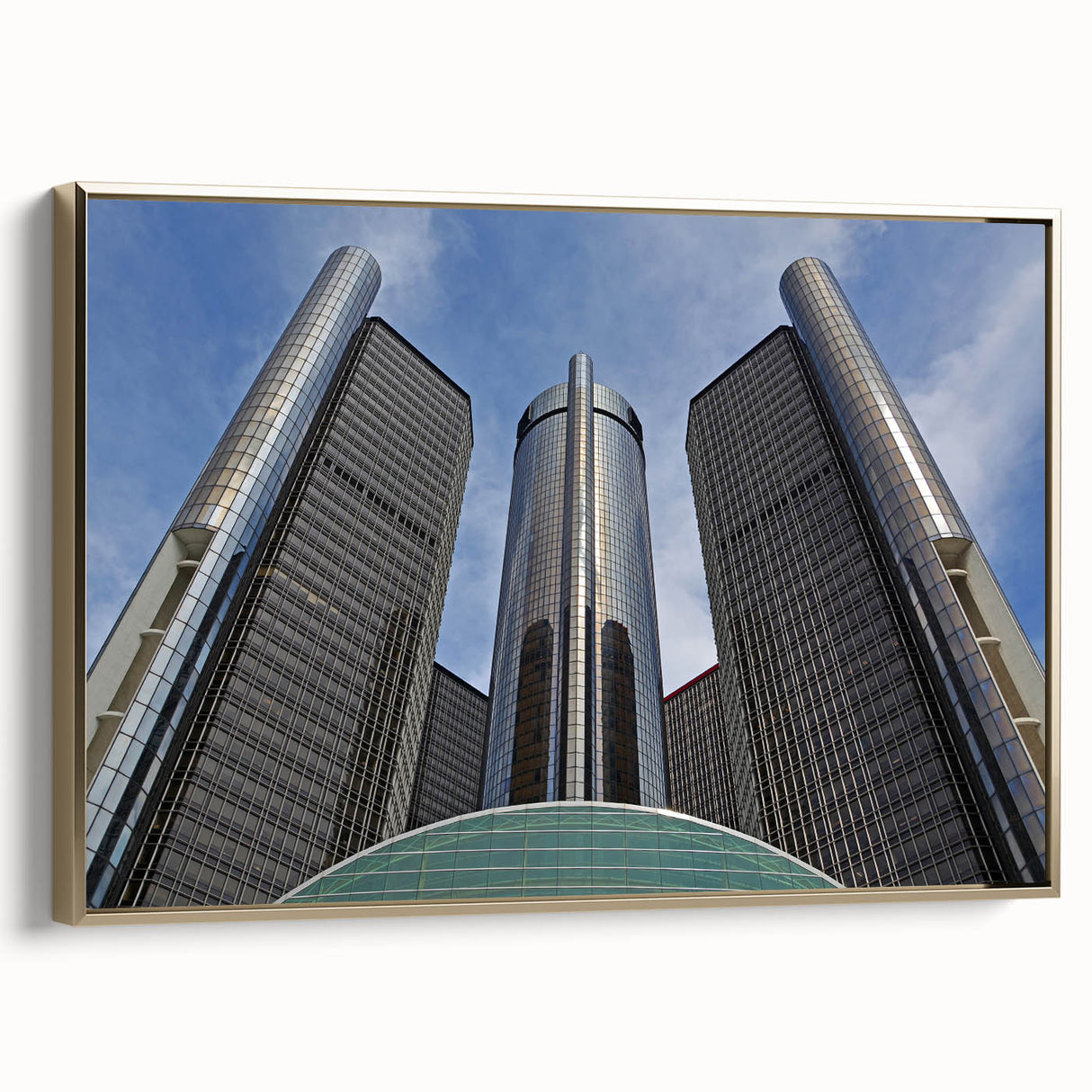 Framed canvas wall art depicting a vintage-style Detroit landscape in black and gold tones, suitable for bedroom decor.