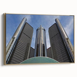 Framed canvas wall art depicting a vintage-style Detroit landscape in black and gold tones, suitable for bedroom decor.
