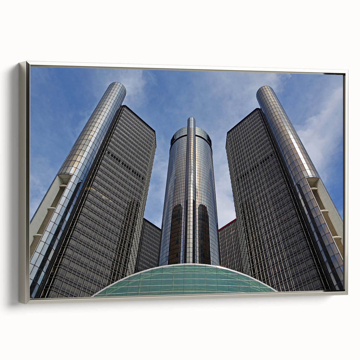 Framed canvas landscape art painting of Detroit skyline in muted grayscale with pops of color, ideal for modern office decor.