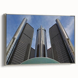 Framed canvas landscape art painting of Detroit skyline in muted grayscale with pops of color, ideal for modern office decor.
