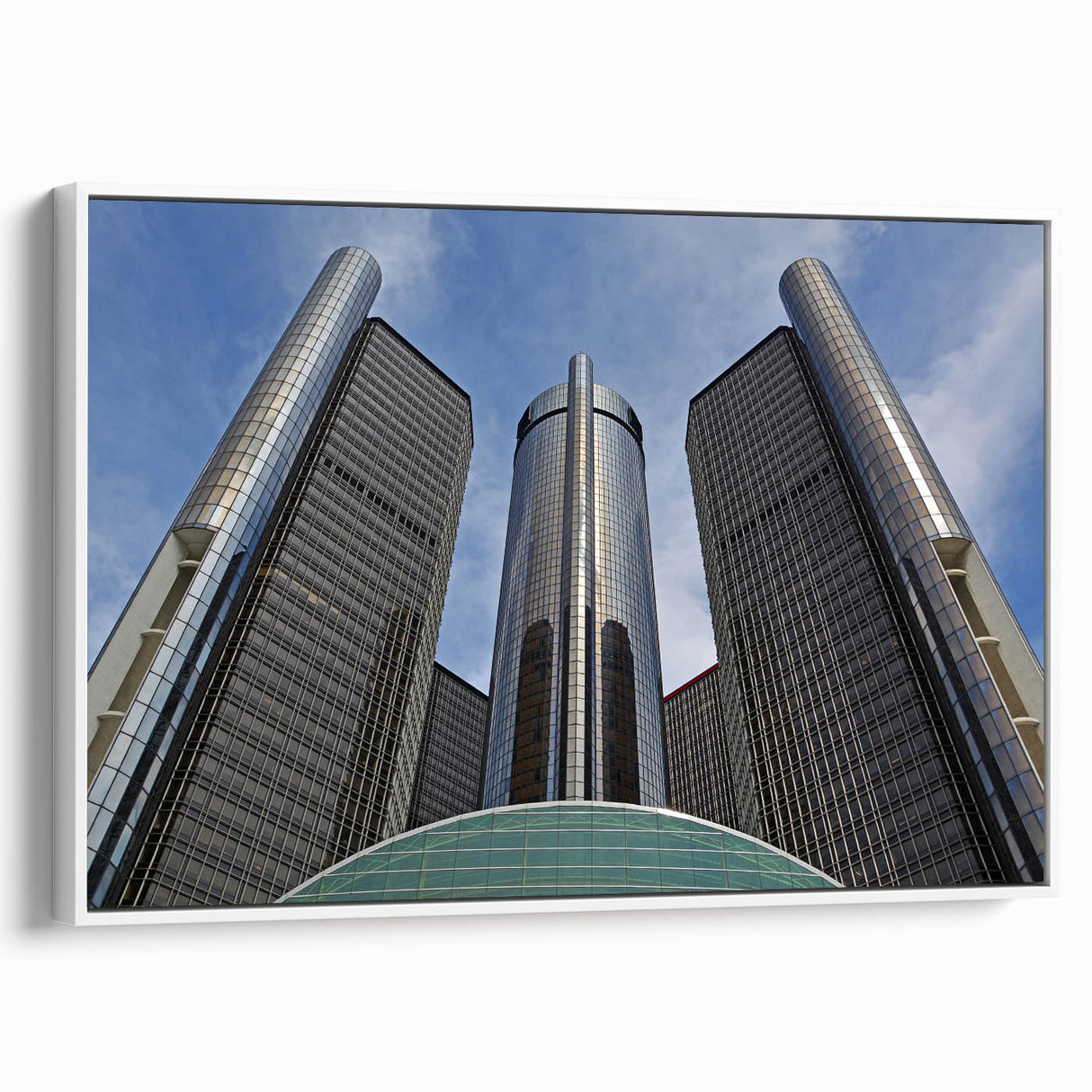 Vintage poster art of Detroit skyline on extra large framed canvas, featuring colorful art in black.