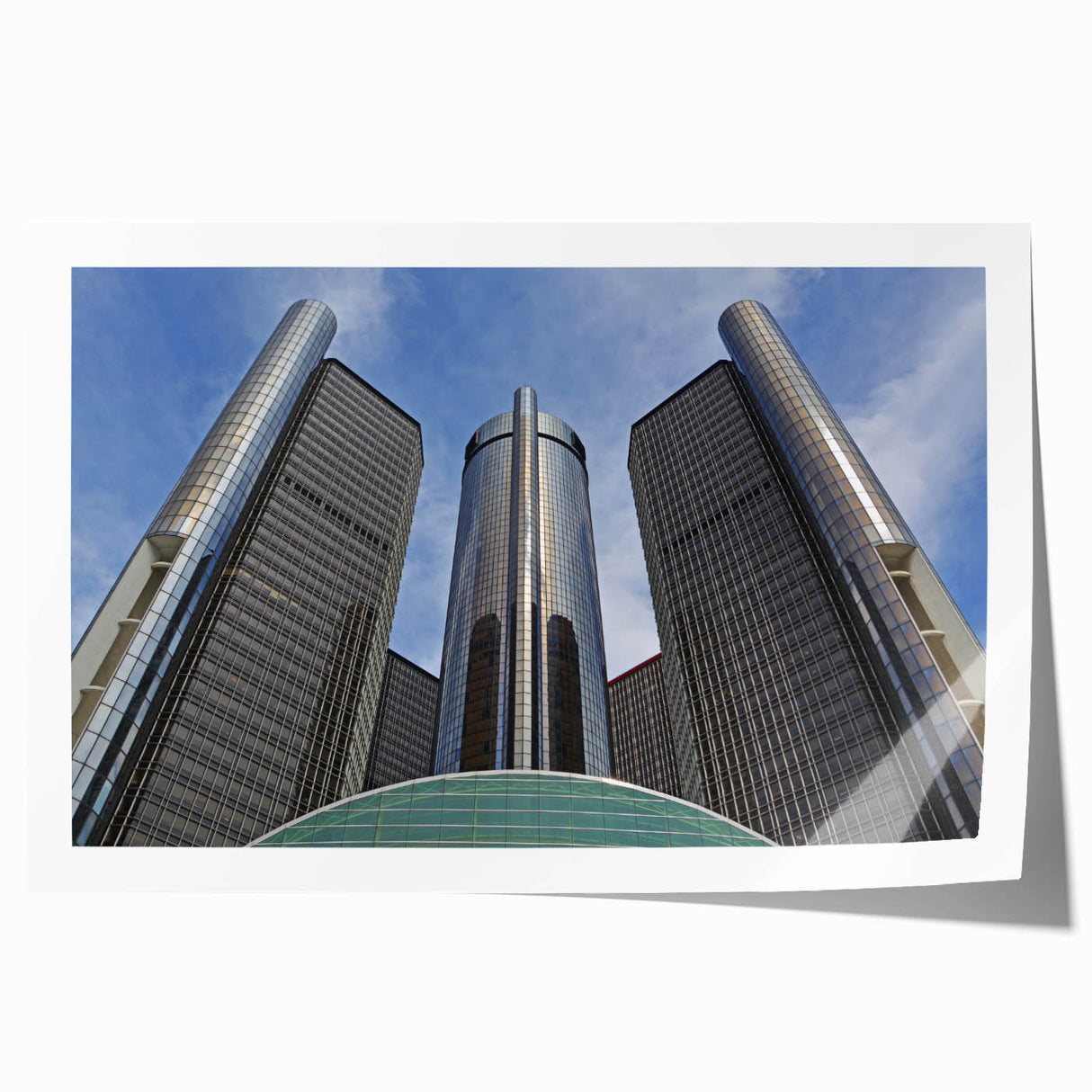Extra large rolled print of Detroit skyline in muted gray and blue tones, suitable for classy bathroom wall art.