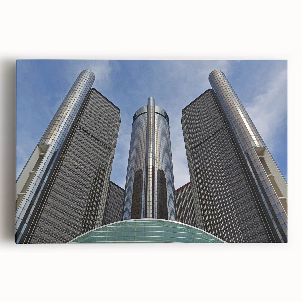 Black and white large art print of the Detroit skyline on stretched canvas, ideal for kitchen wall art.