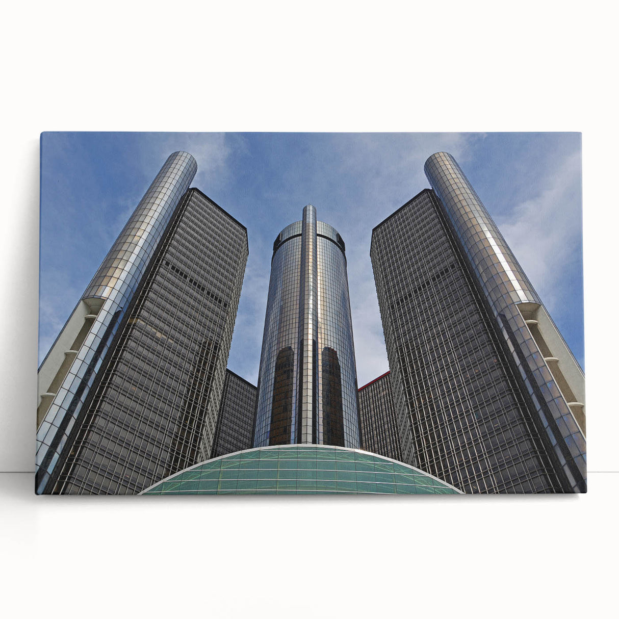 Black and white photo of Detroit skyline on large stretched canvas, ideal for kitchen wall art or bedroom ambiance.