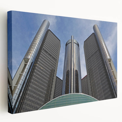 Panoramic view of Detroit skyline in muted gray and blue tones on a large stretched canvas, suitable for kitchen wall art.