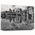 Acrylic print of a large abstract depiction of the Minneapolis skyline in cool blue and gray tones.