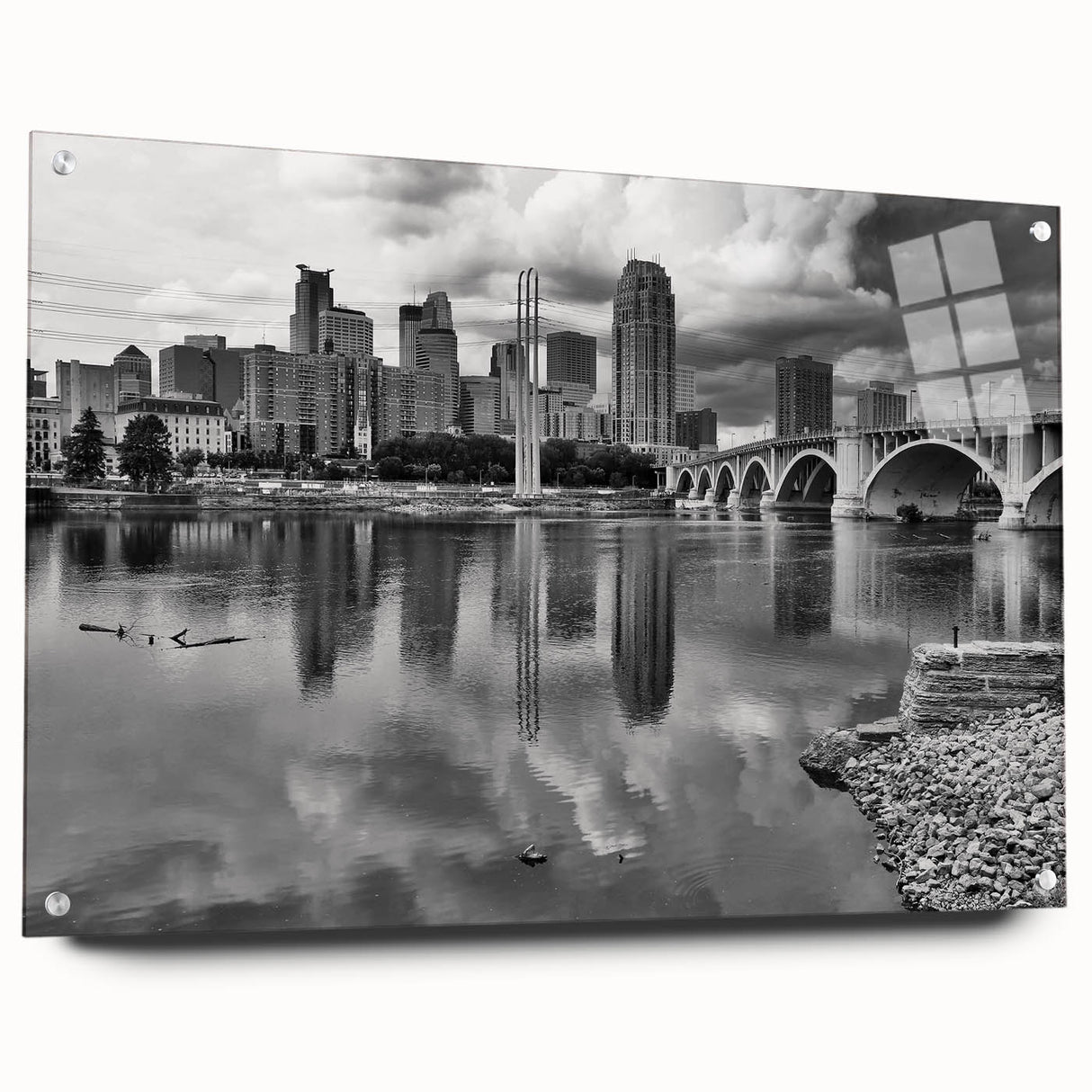Acrylic print of a large abstract depiction of the Minneapolis skyline in cool blue and gray tones.