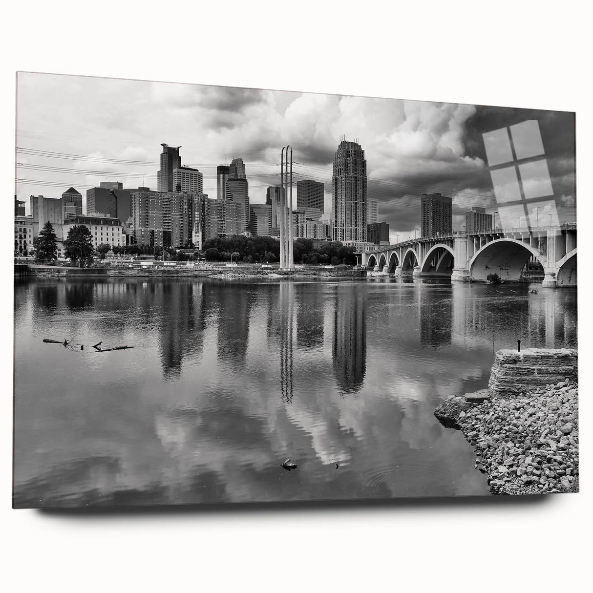 Acrylic print of Minneapolis skyline in muted blue and gray tones, ideal for bedroom or dining room art.