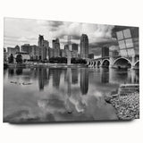Acrylic print of Minneapolis skyline in muted blue and gray tones, ideal for bedroom or dining room art.