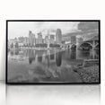 Large abstract wall art of Minneapolis skyline in muted gray and blue tones on framed acrylic, ideal for modern office decor.