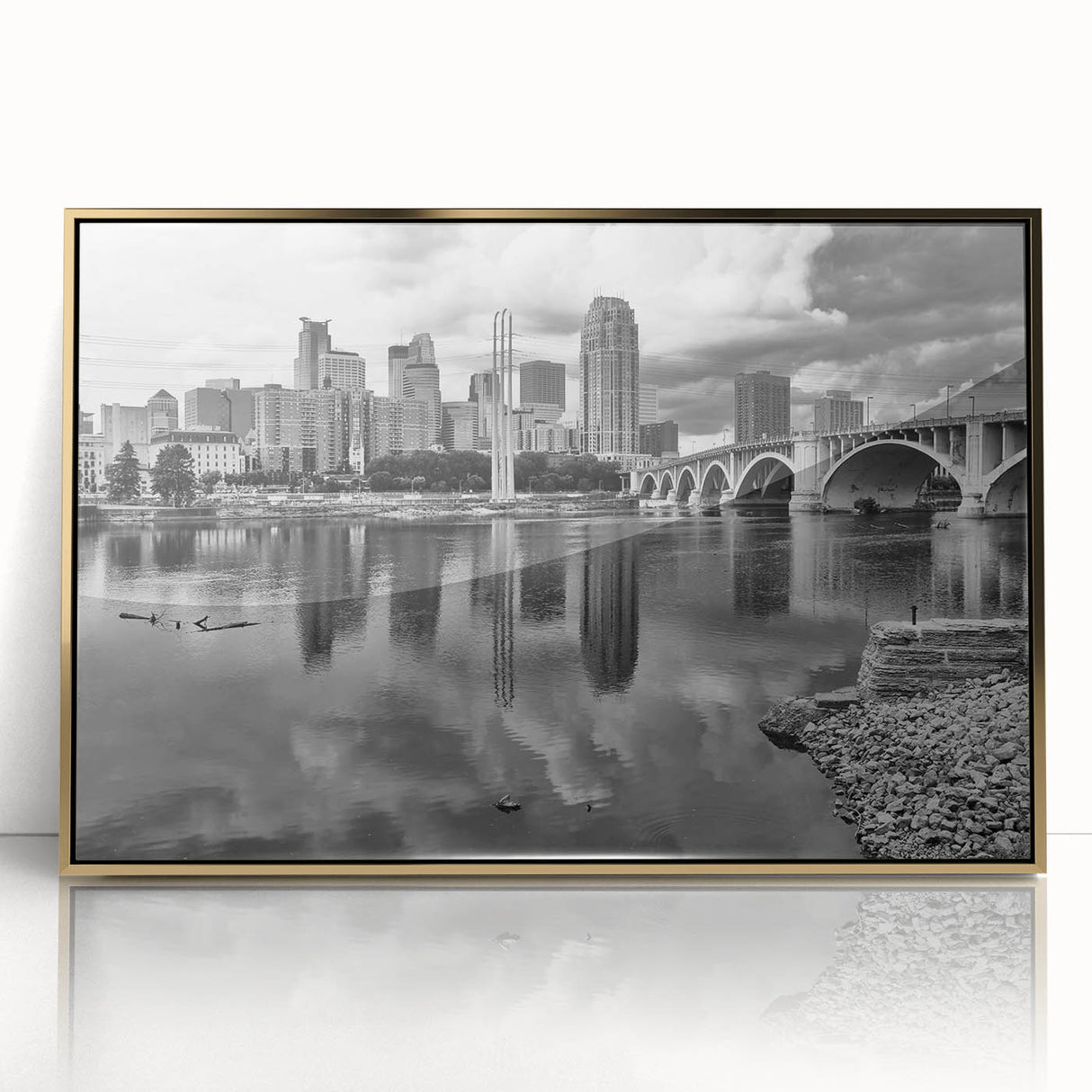 Mid-century modernist Minneapolis skyline in gold and blue hues, framed acrylic print, suitable for modern art wall decor.