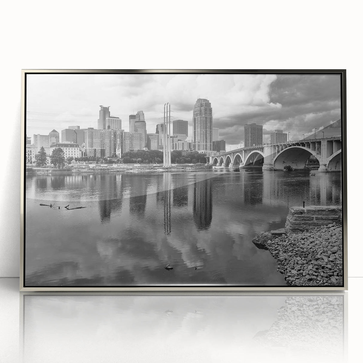 Mid-century modernist art depicting Minneapolis skyline in acrylic, with muted blue and silver tones.