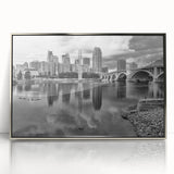 Mid-century modernist art depicting Minneapolis skyline in acrylic, with muted blue and silver tones.