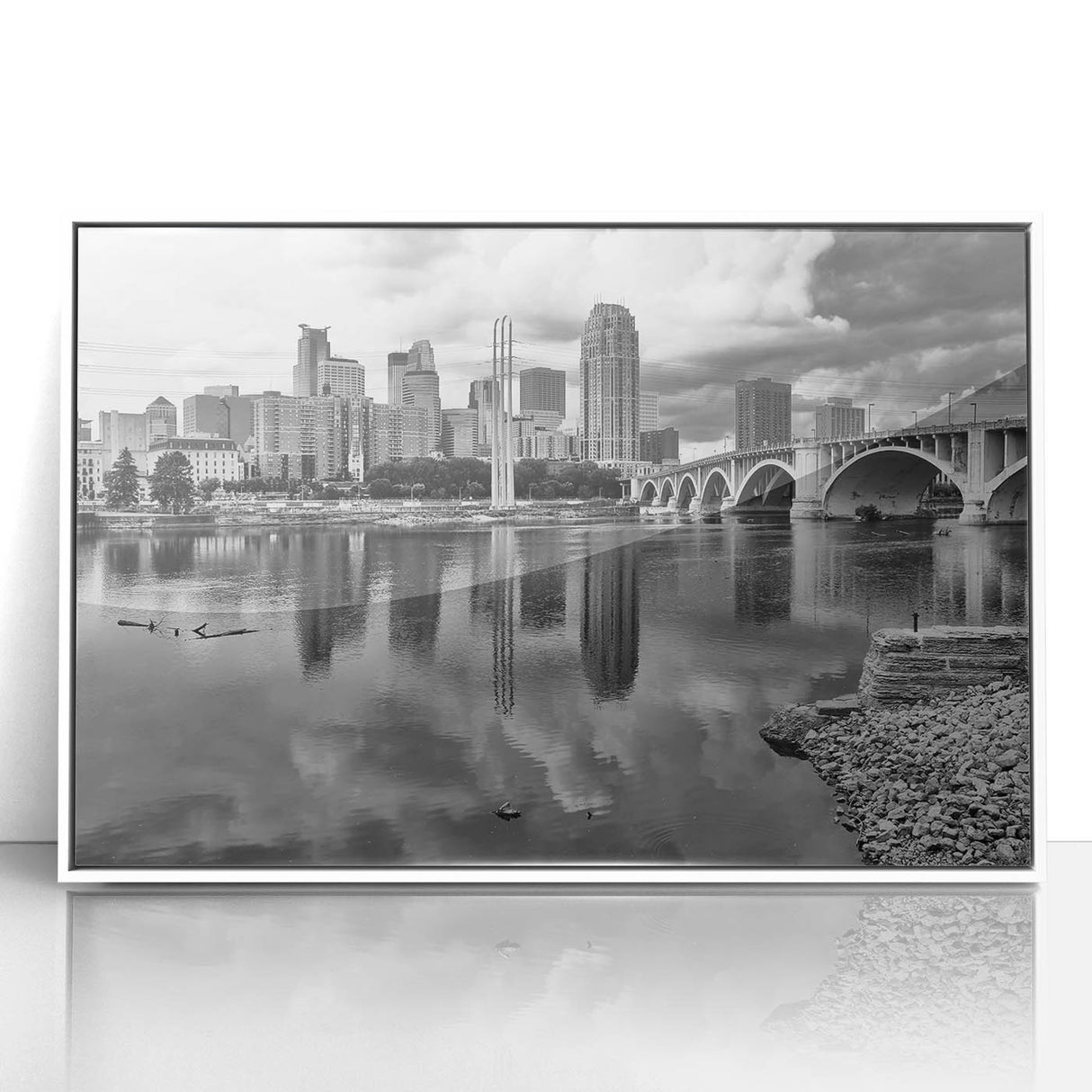 Acrylic print of Minneapolis skyline in muted pastel shades, styled in art deco, ideal for modern art wall decor.