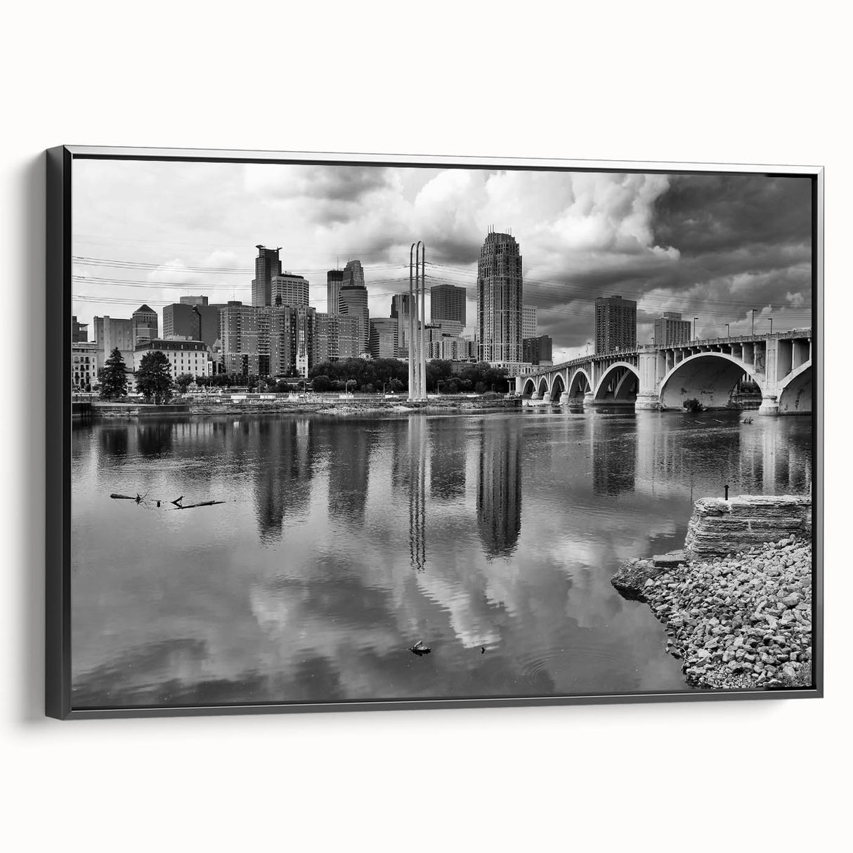 Black and white framed canvas of Minneapolis landscape in vintage poster style, ideal for bedroom wall decor.