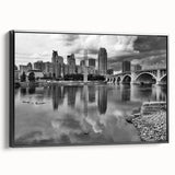 Black and white framed canvas of Minneapolis landscape in vintage poster style, ideal for bedroom wall decor.
