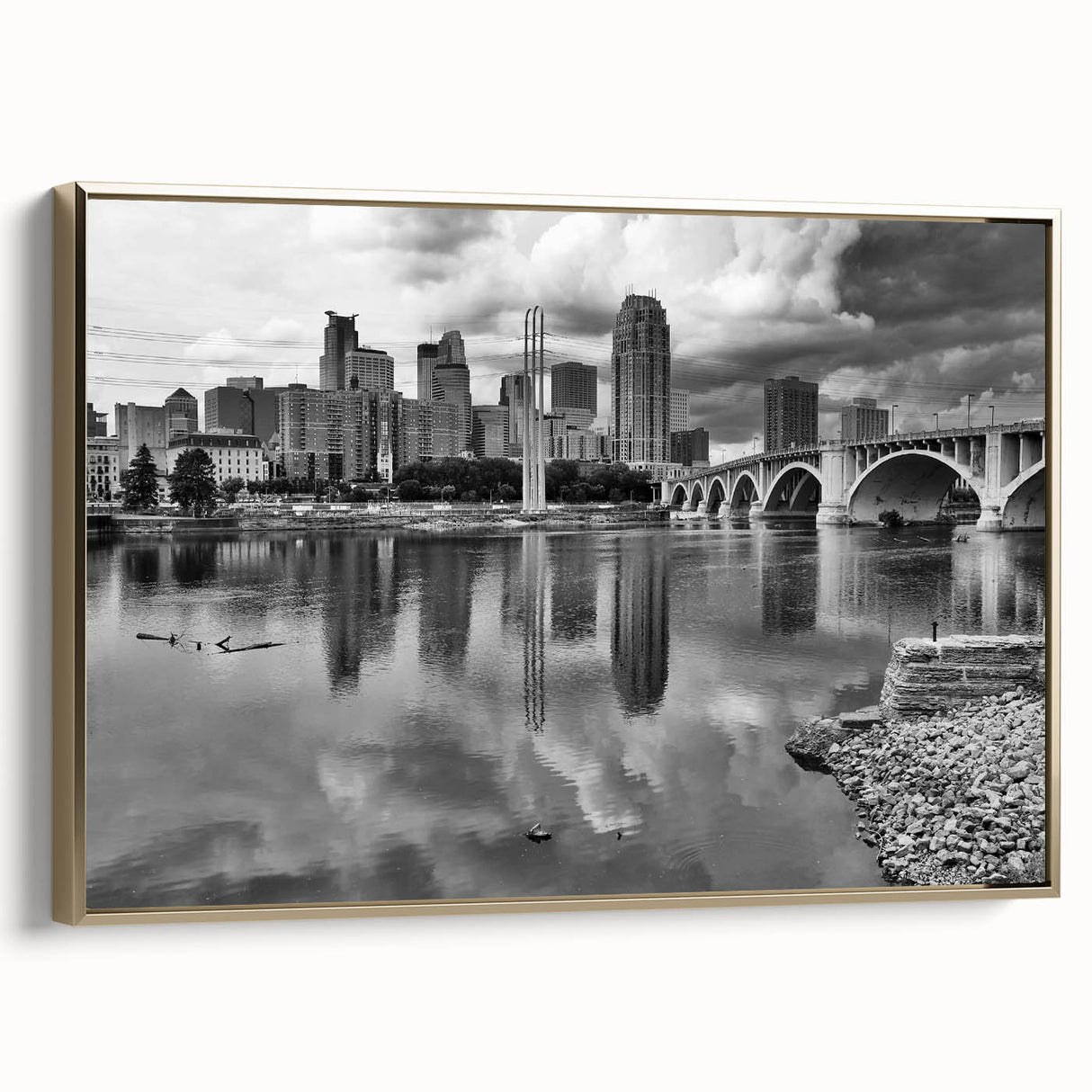Framed canvas of a vintage Minneapolis landscape in muted gold and black, ideal for bedroom wall art.