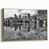 Framed canvas of a vintage Minneapolis landscape in muted gold and black, ideal for bedroom wall art.