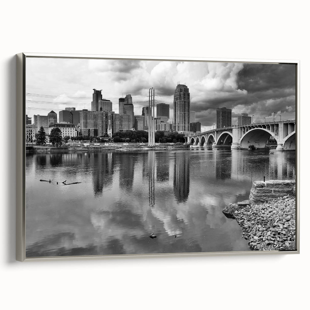 Framed canvas of a vintage Minneapolis landscape painting in colorful hues, suitable for living room decor.