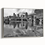 Framed canvas of a vintage Minneapolis landscape painting in colorful hues, suitable for living room decor.