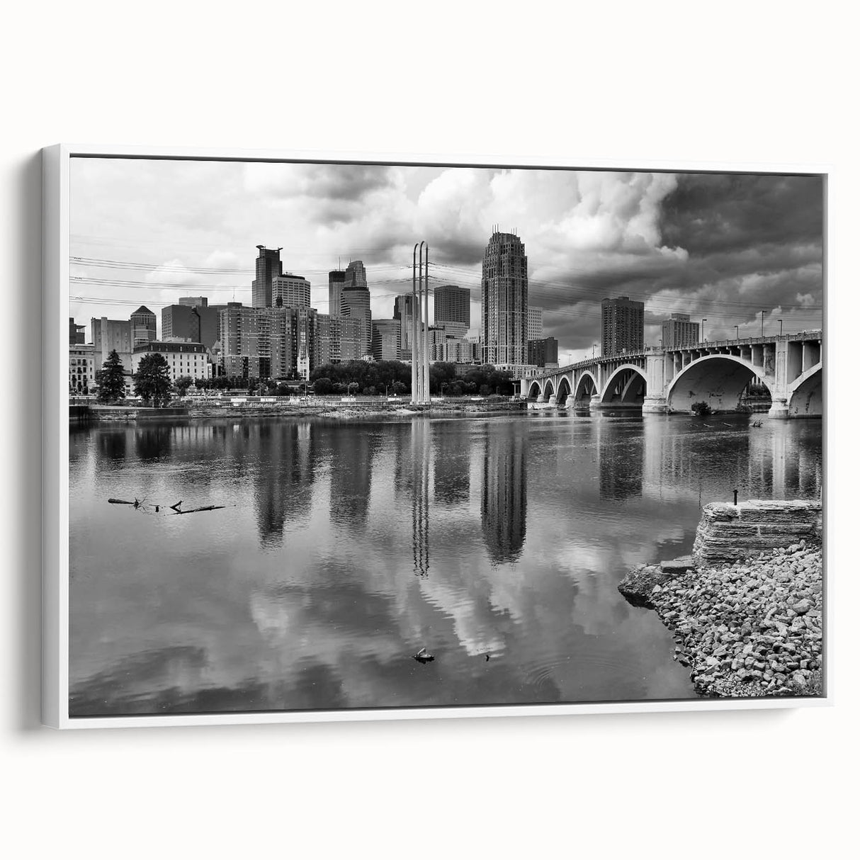 Vintage poster art of Minneapolis skyline in colorful hues on a large framed canvas, ideal for living room decor.