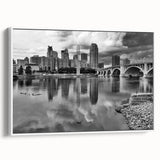 Vintage poster art of Minneapolis skyline in colorful hues on a large framed canvas, ideal for living room decor.