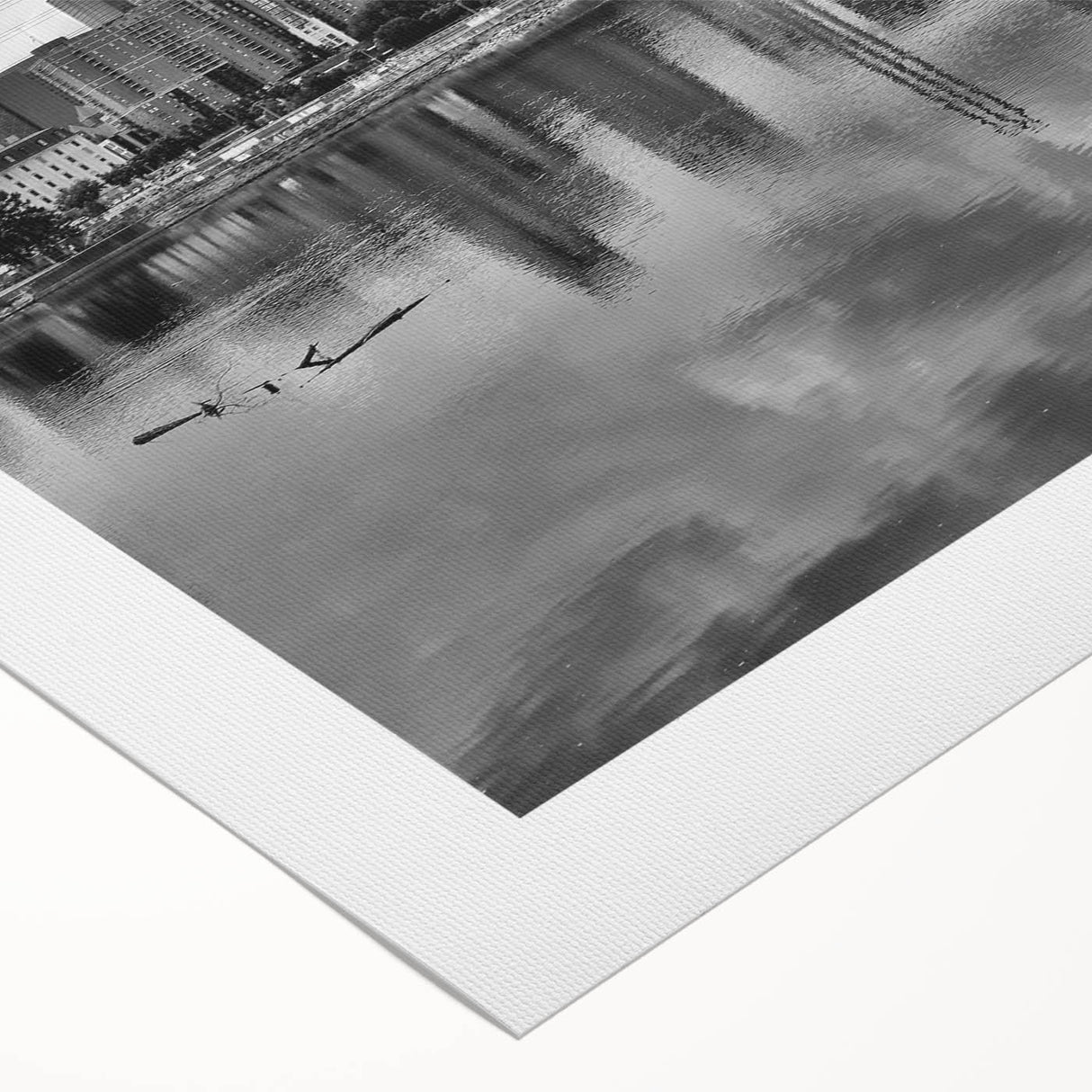 Art deco poster of Minneapolis skyline in muted gray and blue tones on rolled canvas, suitable for dining room wall art.