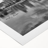 Art deco poster of Minneapolis skyline in muted gray and blue tones on rolled canvas, suitable for dining room wall art.