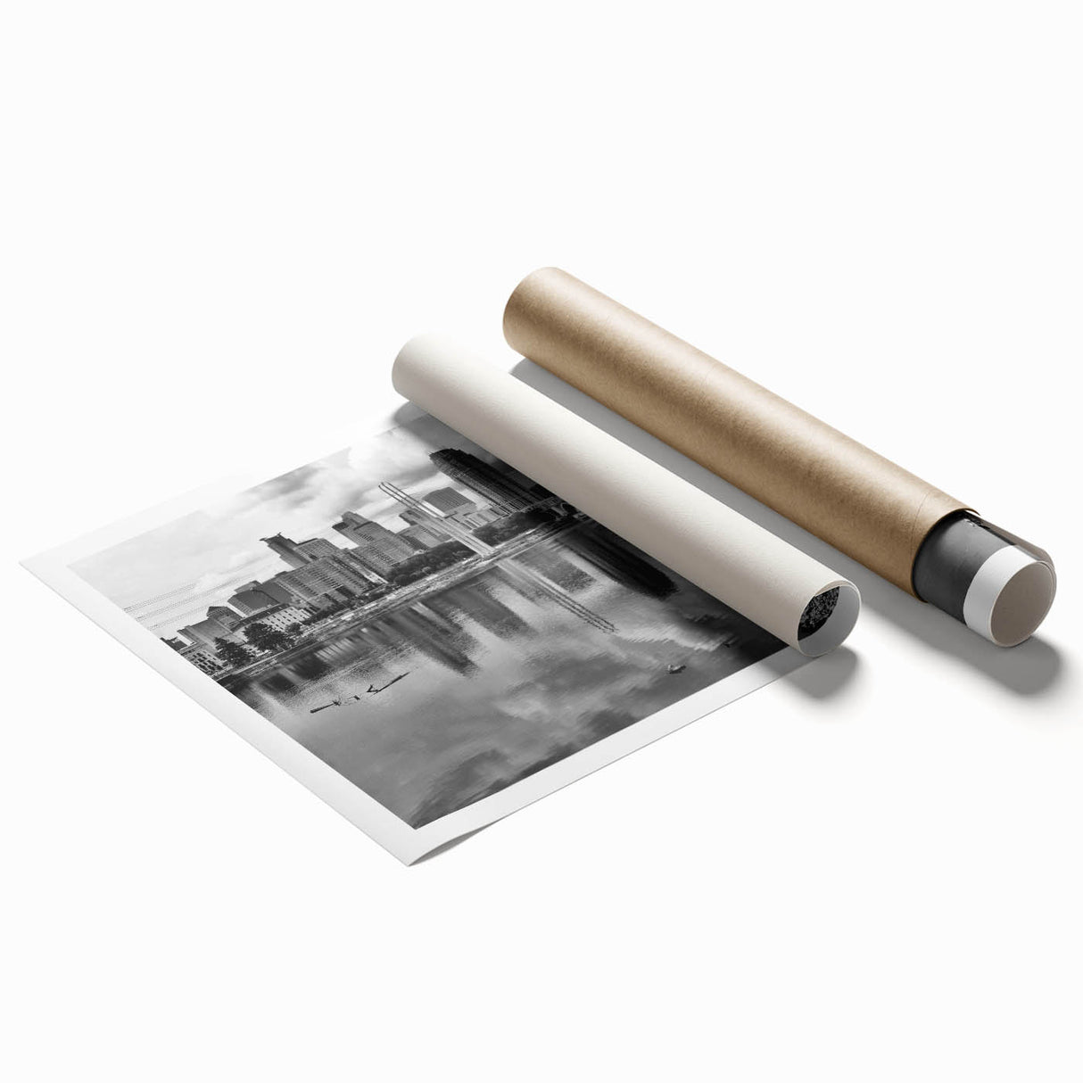 Extra large rolled print of Minneapolis skyline with muted gray and blue tones, ideal for classy bathroom wall art.