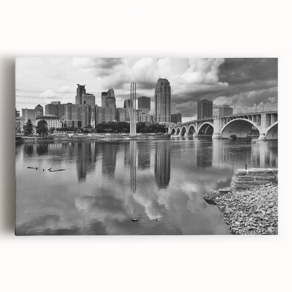 Black and white cityscape of Minneapolis on large stretched canvas, ideal for kitchen wall art.