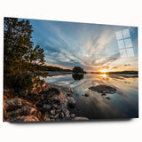 Large abstract wall art of a Minnesota landscape in muted green and blue tones on acrylic glass.