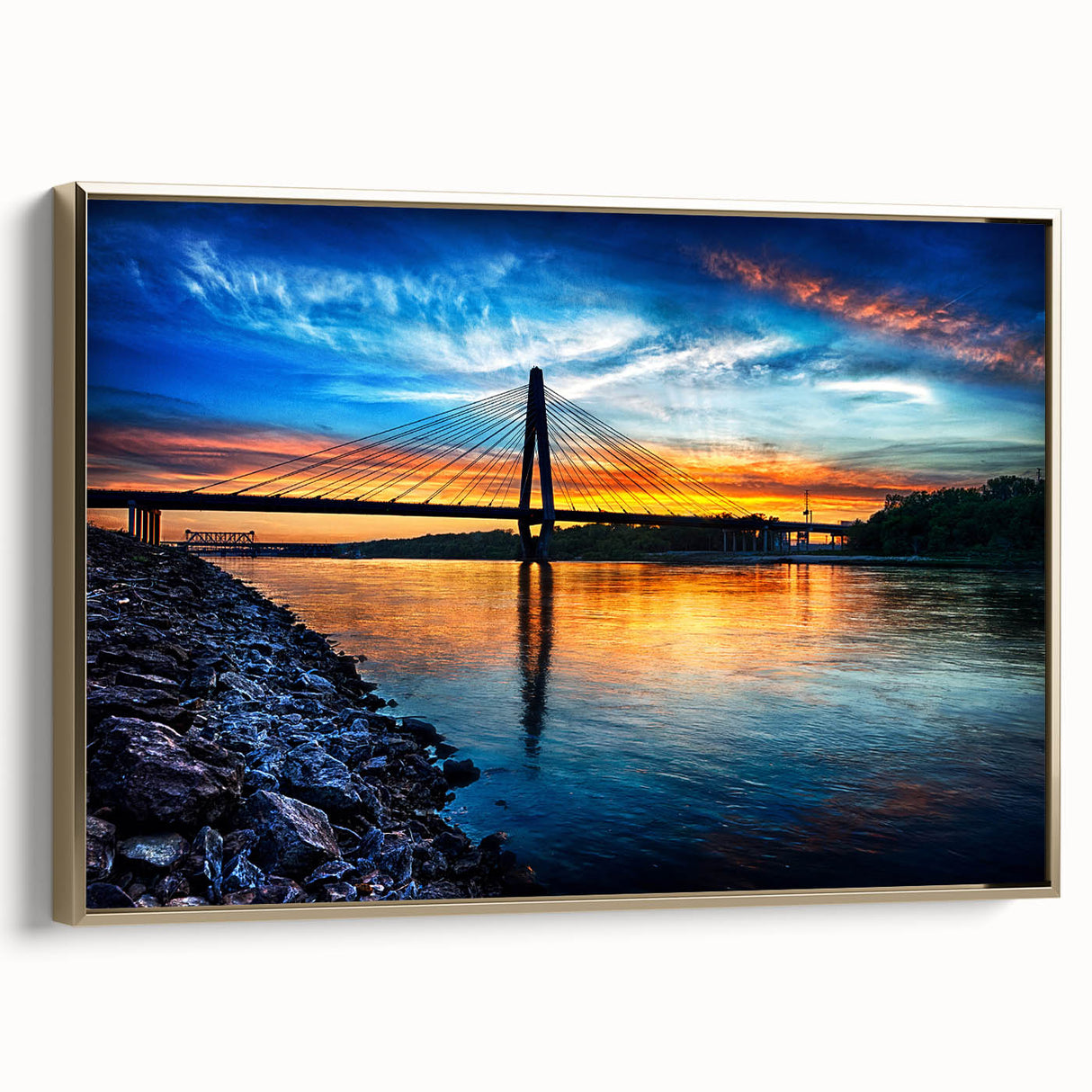 Framed canvas of Kansas City skyline in black and gold, ideal for bedroom wall art.