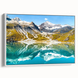 Vintage poster art of Glacier National Park with colorful landscape on extra large framed canvas.