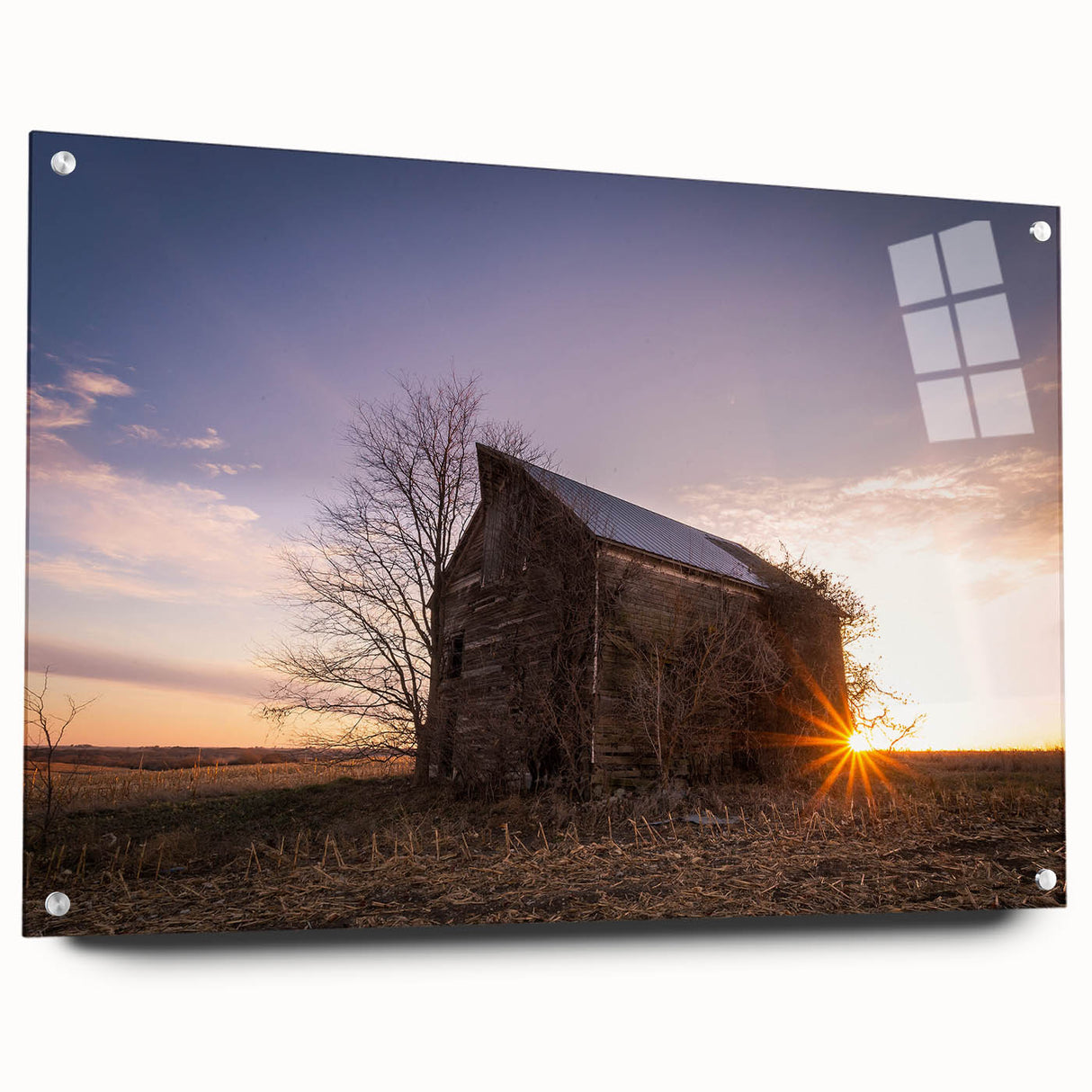 Acrylic print of a Nebraska landscape in muted earth tones, ideal for dining room decor.