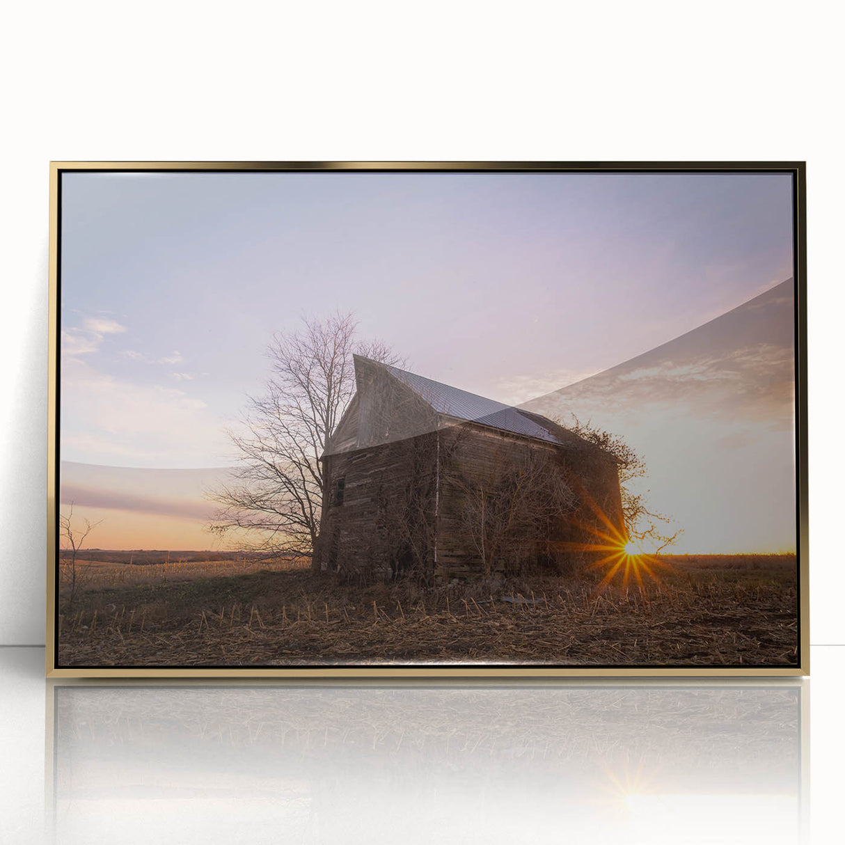 Framed acrylic print of a Nebraska landscape in muted earth tones, ideal for modern art wall decor.