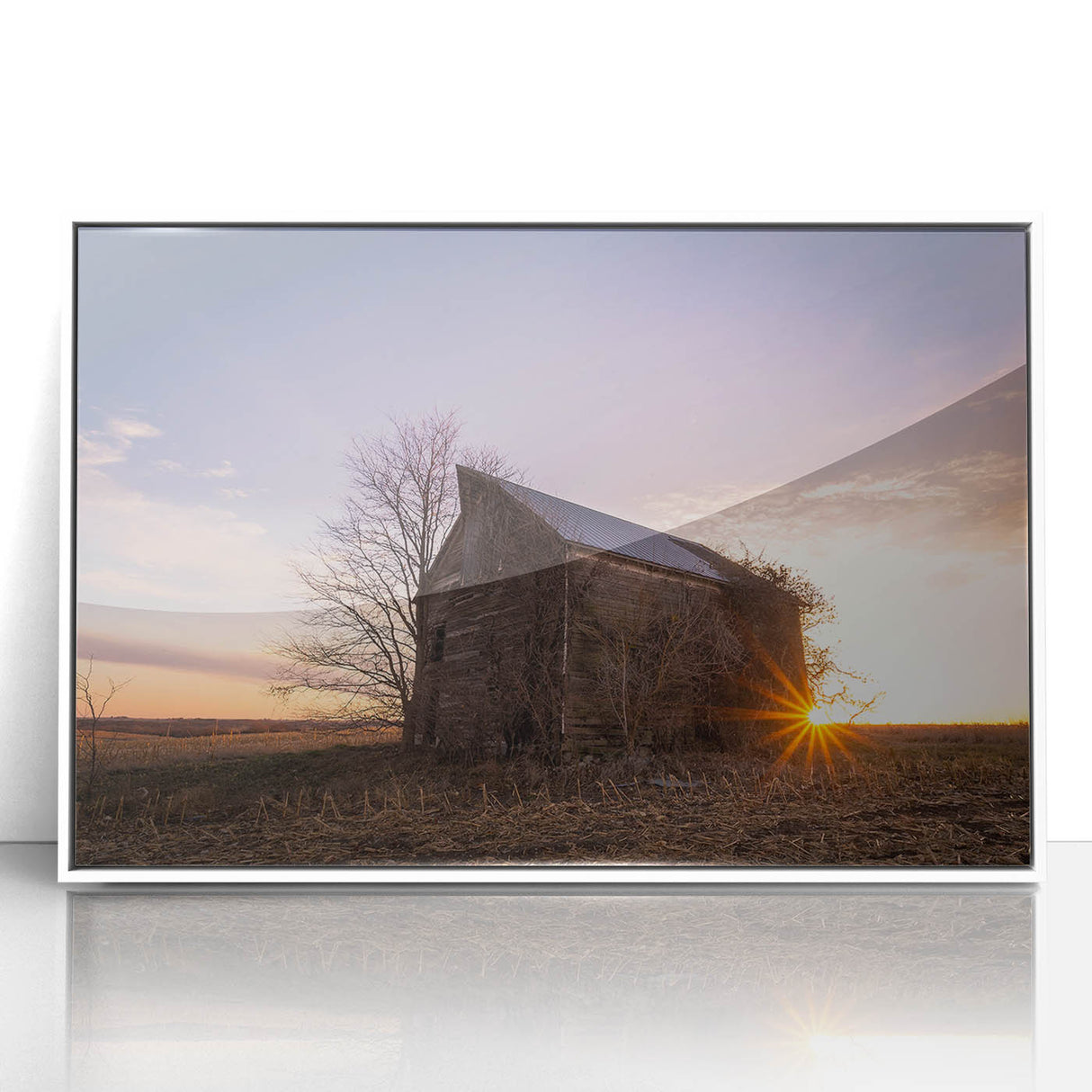 Art deco poster of Nebraska scenery on white framed acrylic, featuring muted earth tones, ideal for modern art wall decor.