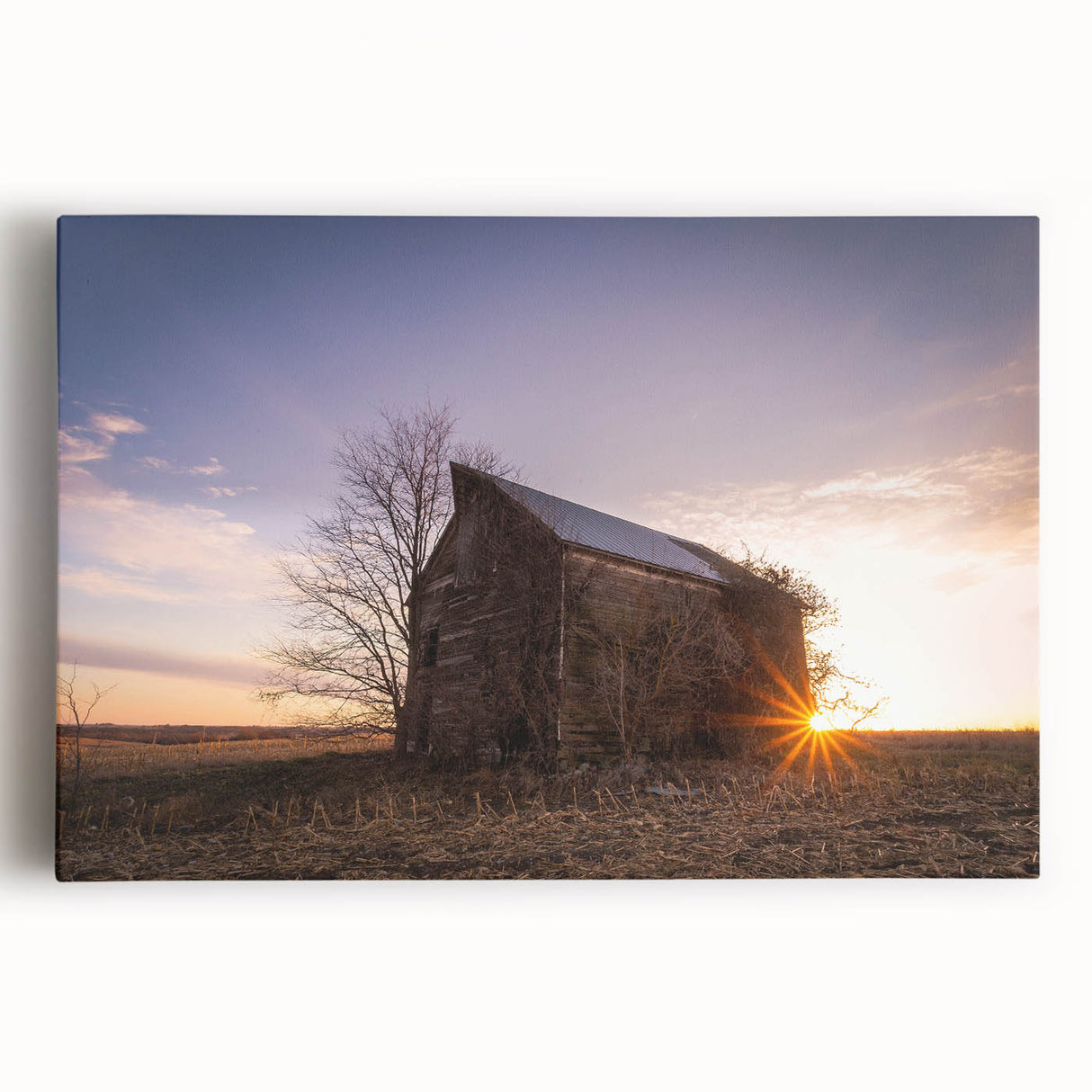 Black and white photograph of a Nebraska landscape on large stretched canvas, ideal for kitchen wall art.