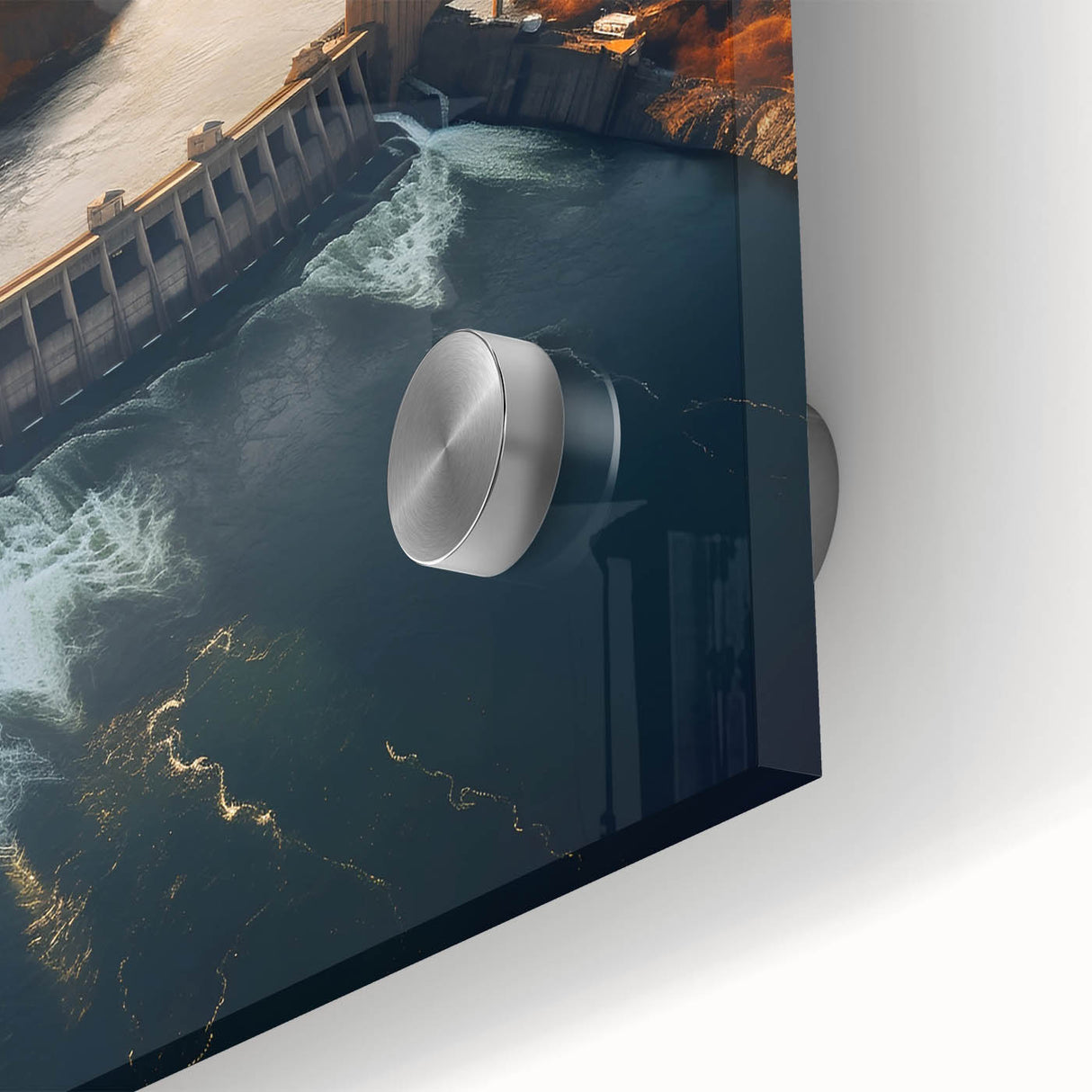 Mid-century modernist acrylic print of Hoover Dam in neutral tones, ideal for dining room art.