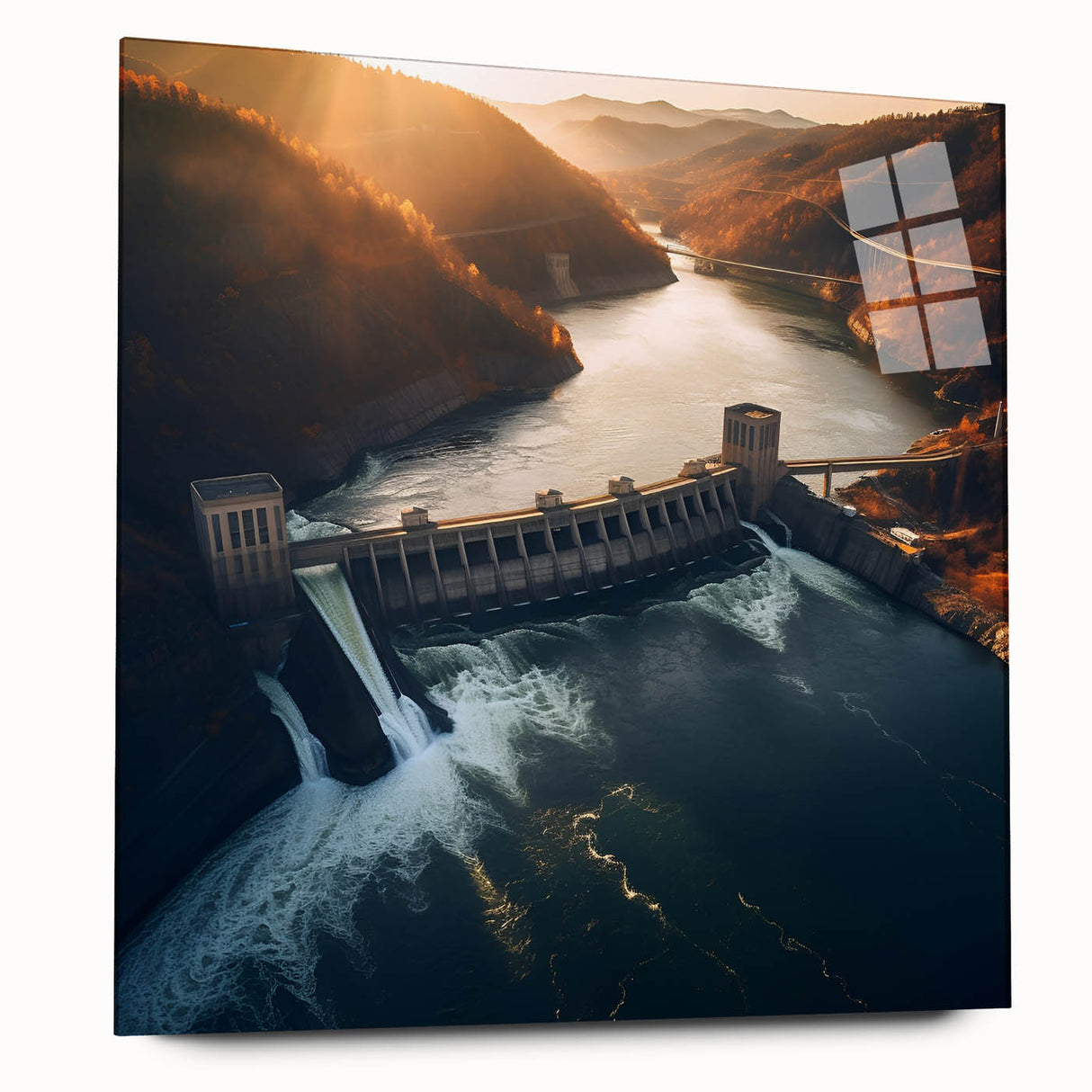 Acrylic print of Hoover Dam in muted gray and blue tones, ideal for bedroom or dining room art.